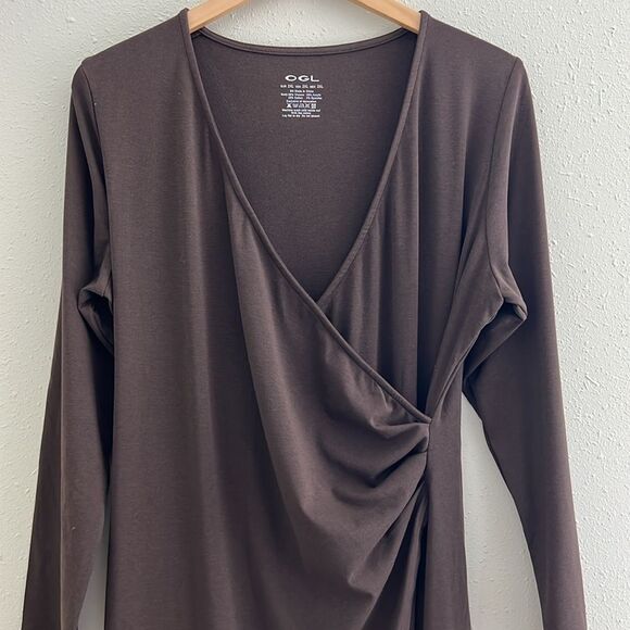 NWT OGL Light Cotton Rib Faux Wrap Light Cotton Midi Dress - Hazelnut Coco - Picture 5 of 10